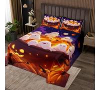 feelingyou Happy Halloween Coverlet Set M Größe e,Orange Pumpkin Lanterne Druck Edredón para niñas Teens,Cute White Ghost Purple Sky Soft Polyester Quilt Set,con 2 fundas de almohada