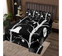 feelingyou Happy Halloween Coverlet Set M Size ,White Ment Skull Pumpkin Print Edredón para Niñas Adolescentes, Araña Web Mano Dibujo Negro Suave Poliéster Quilt Set,con 2 Fundas de Almohada