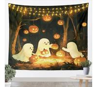 feelingyou Happy Halloween Tapestries Home Decor Kawaii White Ghost Orange Pumpkin Wall Colgando para la Oficina de la Puerta, Acuarela Árboles Naturales de Poliéster Suave Tapiz de Poliéster, Tamaño