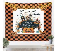feelingyou Happy Halloween Tapestry Cute Pumpkin Ghost Bat Print Tapestries Art Home Decorativo Puerta del Dormitorio, Naranja Negro Grid Chequeado Wall Hanging, XL Tamaño