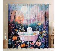 feelingyou Happy Halloween Ventana Cortinas,Lindo Blanco Ghost Pumpkin Boho Home Decor Cortinas,Flores de Acuarela Árboles Naturaleza Cortinas de Ventana Duraderas para Niños Regalos, 2 Paneles
