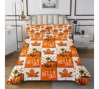 feelingyou Hello Fall - Juego de colcha de tamaño individual, colcha acolchada de cosecha de calabaza para habitación de niños, juego de colcha rústica de hojas de arce otoñales de 2 piezas con 1