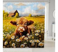 feelingyou Hermosa cortina de ducha de vaca de las tierras altas tamaño L acuarela dibujada a mano flor margarita cortina de baño para adultos Natural retro rural granja paisaje accesorios de baño con
