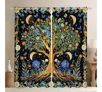 feelingyou Hermosas cortinas de ventana de árbol para dormitorio, tamaño S, hojas margaritas, flores margaritas, color verde marino, sombra dorada, decoración del hogar, bohemio, galaxia estrella