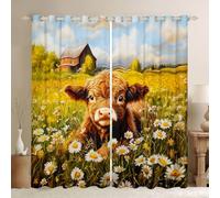 feelingyou Hermosas cortinas de ventana de vaca Highlands, tamaño XXL acuarela dibujada a mano flor margarita sombra decoración del hogar natural retro rural granja paisaje cortinas para niños