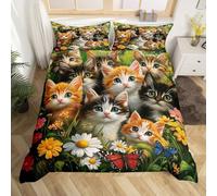 feelingyou Hermoso juego de ropa de cama de gatos tamaño S 2 piezas, jardín botánico vintage margaritas para niños, Kawaii Cute Kitty Animales Pastorales Estilo Manta Cubierta con 1 funda de almohada