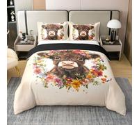 feelingyou Highland Ganado 100% Natural Algodón Edredón Tamaño S Colorido y Hermoso Juego de Ropa de Cama de Flores Hojas Verde Margarita Occidental Vintage Animal Mantas Cubierta, 2pcs