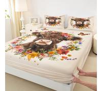 feelingyou Highland - Hoja de cama de ganado empotrada tamaño S colorido y hermoso edredón de flores, 1 funda de almohada hoja verde margarita occidental vintage juego de ropa de cama de animales para