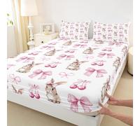 feelingyou Hoja de cama de conejo de dibujos animados tamaño M acuarela rosa Bowknots cereza edredón 2pcs soñadora princesa estilo ropa de cama para niños