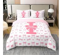 feelingyou Inicial I Edredón 100% Algodón Natural Tamaño L Estilo Princesa Arco Niña Ropa de Cama Set Monograma Bowknot Coquette Letra Alfabeto Cubierta Acolchada 3pcs