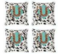feelingyou Inicial letra U Funda de cojín 40 x 40 cm 4 piezas leopardo monograma alfabeto piel de vaca impresión funda de almohada para niños adolescentes rústica casa de campo estilo sofá fundas