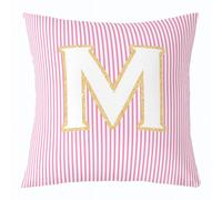 feelingyou Inicial M Funda de cojín de lanzamiento, 60 x 60 cm, bonito monograma alfabeto, funda de cojín rosa y blanca a rayas para sofá
