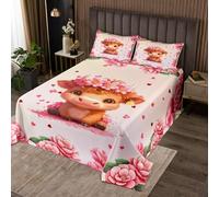 feelingyou Juego de cubrecamas de vacuno de Highland, tamaño M, Kawaii, vaca occidental, animales salvajes, colcha duradera para niñas, adolescentes, acuarela, flores rosas, floral, suave, poliéster