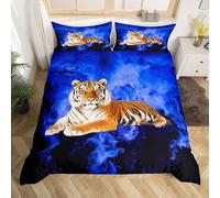 feelingyou Juego de edredón de animales de tigre tamaño M, cubierta reversible de animales salvajes tropicales africanos con 1 funda de almohada, juego de ropa de cama negra de fuego azul (NO manta