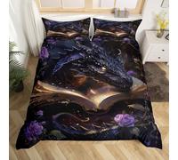 feelingyou Juego de edredón de dragón occidental tamaño M, estampado de animales salvajes exóticos, funda de edredón reversible con 1 funda de almohada, flores rosas, boho lila, juego de ropa de cama