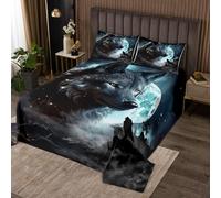 feelingyou Juego de edredón de lobo tamaño L, 3D Animal Salvaje Natural Oscuro Noche Edredón con 2 fundas de almohada, Luna Azul y Montaña Impreso Microfibra Coverlet Set para Niños