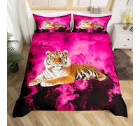 feelingyou Juego de edredón de tamaño M, manta reversible de animales salvajes tropicales africanos con 1 funda de almohada, juego de ropa de cama negra de fuego rosa (no manta)