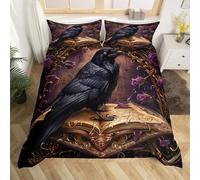 feelingyou Juego de edredón de tamaño M para Halloween, diseño de pájaro gótico, funda de edredón reversible negra con 1 funda de almohada, flores moradas y doradas, juego de ropa de cama transpirable