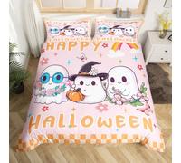 feelingyou Juego de edredón Happy Halloween tamaño M, Kawaii Ghost Cute Rainbow Reversible Quilt Cover con 1 funda de almohada, juego de ropa de cama transpirable rosa floral naranja a cuadros (NO