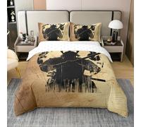 feelingyou Juego de edredón para niños de guerreros japoneses, tamaño L, 100% algodón, juego de cama simple de madera vintage, decoración del espacio de cultura oriental, negro y amarillo, 2 fundas de