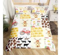 feelingyou Juego de funda nórdica a cuadros de granja tamaño M, camión rojo molino de viento leche vaca impresión edredón con 1 funda de almohada, dibujos animados granja animales patchwork edredón