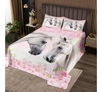 feelingyou Juego de funda nórdica de caballo blanco, tamaño M, 3D, animales salvajes, caballo occidental, duradero, para niñas, adolescentes, flores rosas, flores, flores, hojas verdes, juego de