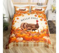 feelingyou Juego de funda nórdica de calabaza de otoño tamaño S, Happy Thanksgiving Turquía impresión suave juego de ropa de cama decoración, hojas de arce rústica casa de campo a cuadros de poliéster