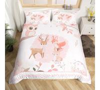 feelingyou Juego de funda nórdica de tamaño M, diseño de búho de zorro kawaii, erizo, funda reversible con 1 funda de almohada, hermosa vida silvestre con hojas rosas a cuadros (No edredón)