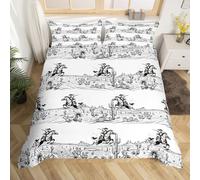 feelingyou Juego de funda nórdica de vaquero occidental tamaño M, boceto suroeste, desierto, cactus, caballo, funda de consolación con 1 funda de almohada, rústica granja negra dibujada a mano