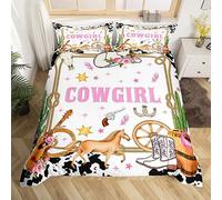 feelingyou Juego de funda nórdica infantil bohemia vaquera M, dibujos animados, sombrero de guitarra, botas, edredón occidental con 1 funda de almohada, flores rosas, piel de leche, edredón