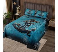 feelingyou Juego de funda nórdica náutica con diseño de ancla, tamaño Queen, Halloween Araña Web Print Retro Azul Durable Edredón para Niñas Adolescentes Aventuras Océano Tema Colcha Rústica Set con 2