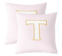 feelingyou Juego de fundas de cojín con letra inicial en T de 2,40 x 40 cm, bonita funda de cojín con monograma alfabeto para adolescentes, color rosa y blanco a rayas