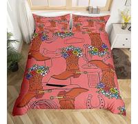 feelingyou Juego de ropa de cama de botas de vaquero tamaño L, juego de funda nórdica con temática de vaquero occidental, juego de funda nórdica para adultos, coloridas flores rosas, funda suave para