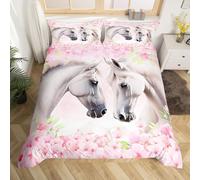 feelingyou Juego de ropa de cama de caballo blanco tamaño doble, 3D salvaje animal occidental caballo edredón decoración dormitorio juego para niños niñas flores rosas flores verdes hojas funda