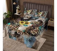 feelingyou Juego de ropa de cama de cráneo de vaca, tamaño M, diseño de herradura, toro occidental, vaquero, funda para niñas, adolescentes, estampado de leopardo, retro, puerta de granero, suave