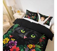 feelingyou Juego de ropa de cama de gato negro tamaño S 2 piezas,Coloridas flores verdes hojas edredón para niños,Cute Cartoon Kitty Animal Decor Quilt Cover con 1 funda de almohada,Sin manta