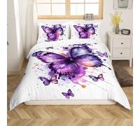 feelingyou Juego de ropa de cama de mariposas tamaño S, acuarela púrpura mariposa animal reversible funda nórdica 2 piezas para niños, color de corbata graffiti pintura funda de edredón, 1 funda de