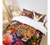 feelingyou Juego de ropa de cama infantil de estilo 3D, diseño de leopardo, tamaño M, morado, rosa, flores blancas, para niños y niñas, hojas verdes, juego de ropa de cama (1 funda de almohada)