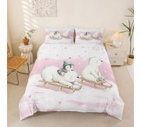 feelingyou Kawai - Edredón infantil con diseño de oso polar, tamaño L, esquí, deportes, pingüino, nieve, suave, poliéster, funda de edredón con estampado de estrellas rosas (2 fundas de almohada)