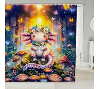 feelingyou Kawaii Axolotl Cortina de Ducha Tamaño S Misterio Selva Seta Cortina de Baño para Niños Acuarela Flores Hojas Mariposa Soñadora Accesorios de Baño con Gancho