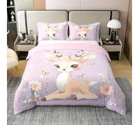 feelingyou Kawaii Ciervo 100% Natural Algodón Edredón Tamaño M Flores Rosas Linda Mariposa Animal Soñador Niños Ropa de Cama Set Acuarela Lovely Ciervo Vida Silvestre Impresión Manta Cubierta, 2pcs