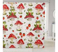 feelingyou Kawaii Cortina de ducha de rana tamaño M Acuarela Fresa Verde Hojas Plantas Cortina de Baño para Niños Lindo Seta Roja Impresión Accesorios de Baño con Gancho