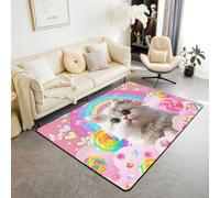 feelingyou Kawaii Gato Alfombra de Salón 150 x 200 cm Nubes Arco Iris Flores de Azúcar Suelo de Dormitorio Alfombra para Niños Niñas Rosa Dibujos Animados Cuties Animal Alfombra de Piso Decoración del