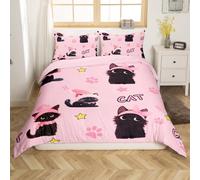 feelingyou Kawaii Gatos M Tamaño Juego de Funda Nórdica, Acuarela Negra Linda Familia Mascota Animal Reversible Funda con 1 Funda de Almohada Rosa Estampado de Pata Estrellas Juego de Ropa de Cama (No