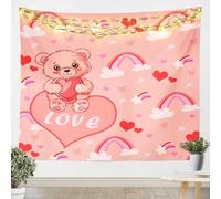 feelingyou Kawaii Oso Colgante de Pared Rosa Amor Forma Corazón Impreso Tapiz para Sala de Estar Dormitorio Decoración, Hermosas Estrellas Arco Iris Bowknot Tapiz Arte Techo de Pared para Niños Niñas