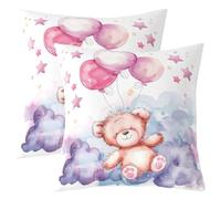 feelingyou Kawaii oso doble cara impresión fundas de almohada, hermosas estrellas rosas globo estampado suave fundas de almohada cuadradas 60 x 60 cm, acuarela púrpura azul nube cielo para decoración
