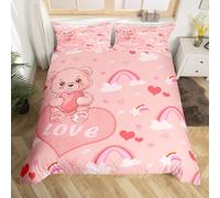 feelingyou Kawaii Oso Ropa de Cama Tamaño S Rosa Amor Forma de Corazón Impresión Funda Nórdica 2 Piezas para Niños Dormitorio Hermosas Estrellas Arco Iris Bowknot Funda de edredón, 1 Funda de Almohada