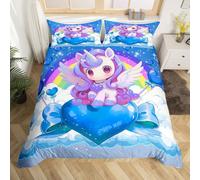 feelingyou Kawaii Unicornio Juego de funda nórdica tamaño L, Lovely Blue Bowknot Love Heart Reversible Quilt Cover con 2 fundas de almohada, Sparkling Stars Rainbow Cloud Microfiber Funda de