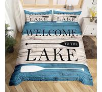 feelingyou Lake House Juego de funda nórdica tamaño M, estampado de remo Go Boating Funda con 1 funda de almohada, Retro Rustic Farm Blue Rayas de Madera Transpirable para Niños Adolescentes Almohada