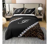 feelingyou Leopardo Impresión 100% Algodón Natural Edredón Tamaño M Bonito Monograma Letra I Niños Ropa de Cama Set Animales Salvajes Impresión de Diamante Cubierta de Manta, 2pcs